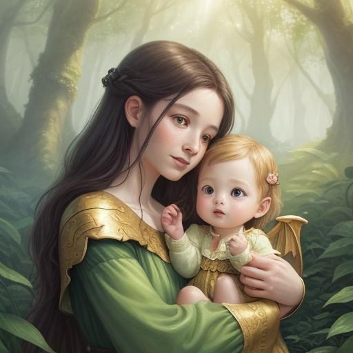 A Whimsical Child Feeds a Lush Forest Dragon