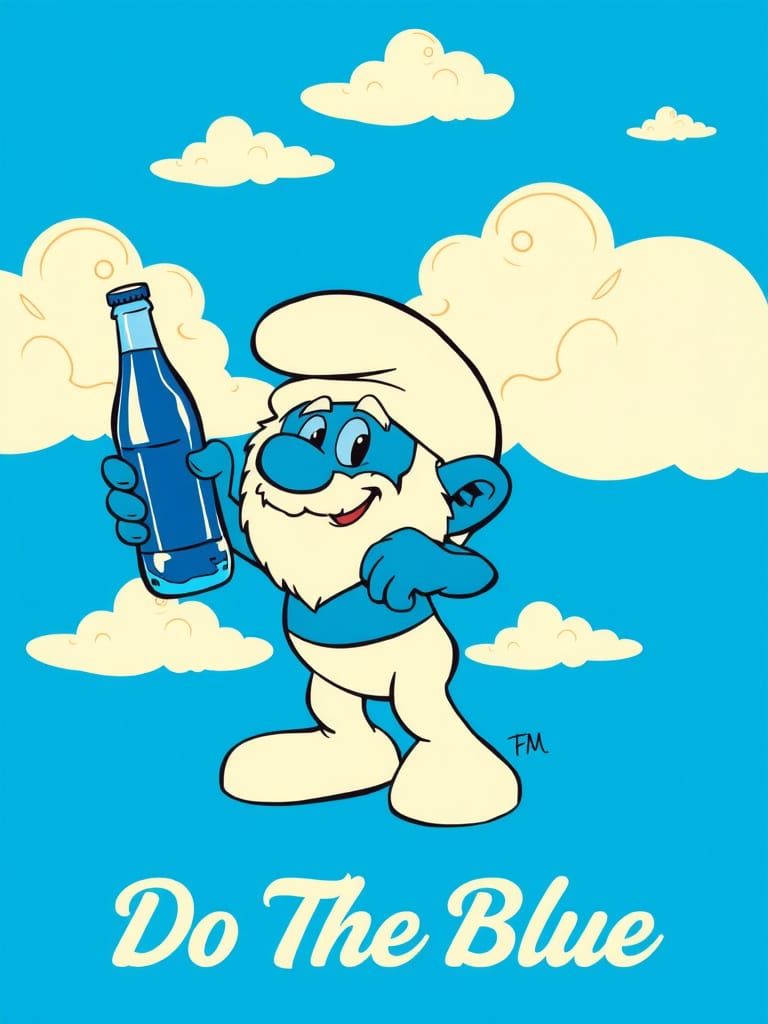 Vibrant Blue Soda Ad in Retro Style with Smurf Character