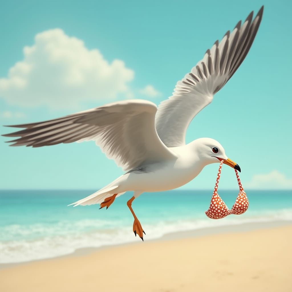 Seagull Steals Bikini Top: Photorealistic Beach Scene