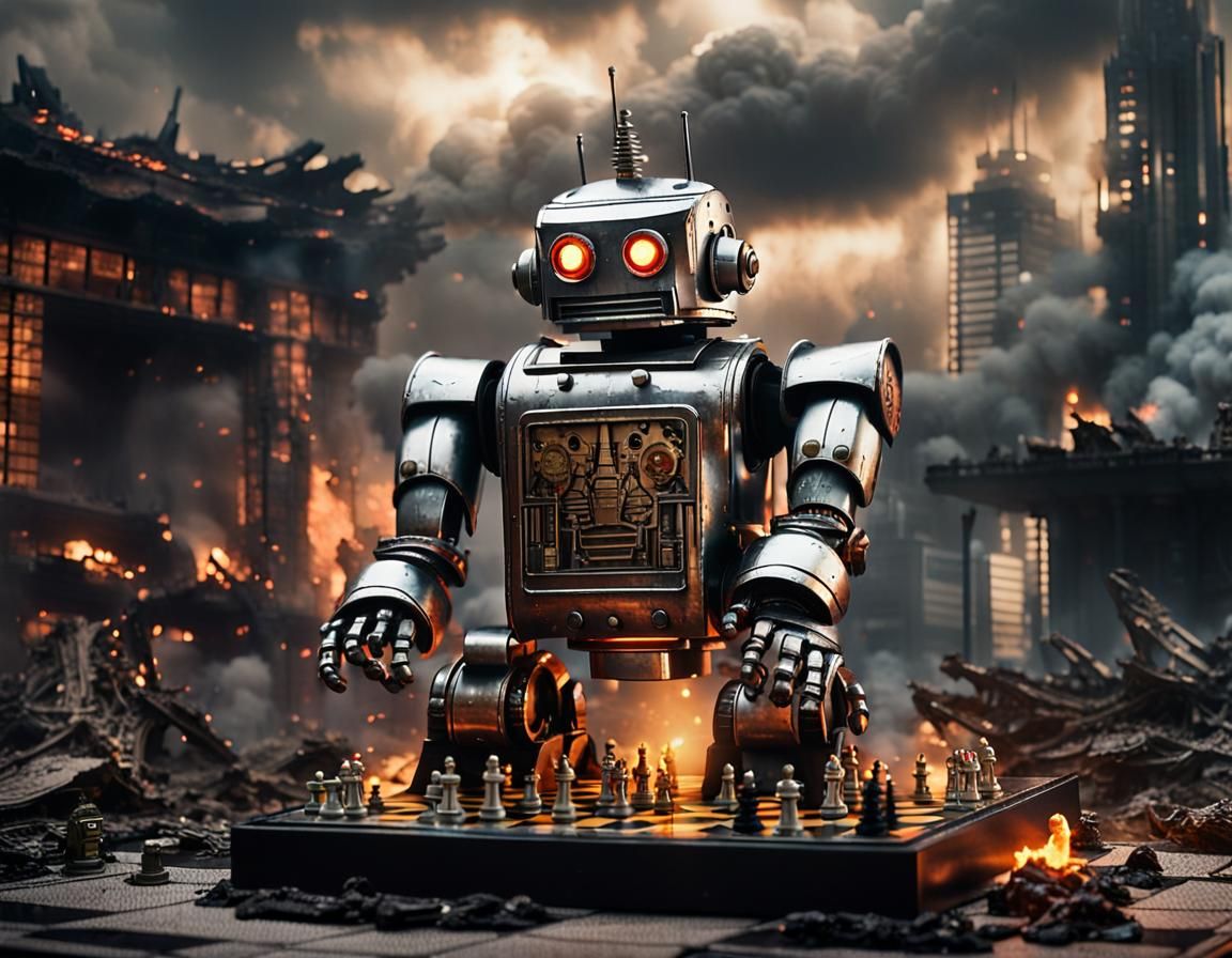 Robot Versus Godzilla Chess Match in Ruined City