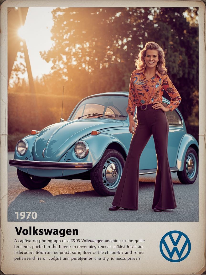 Vintage 1970s VW Beetle Ad with Smiling Woman