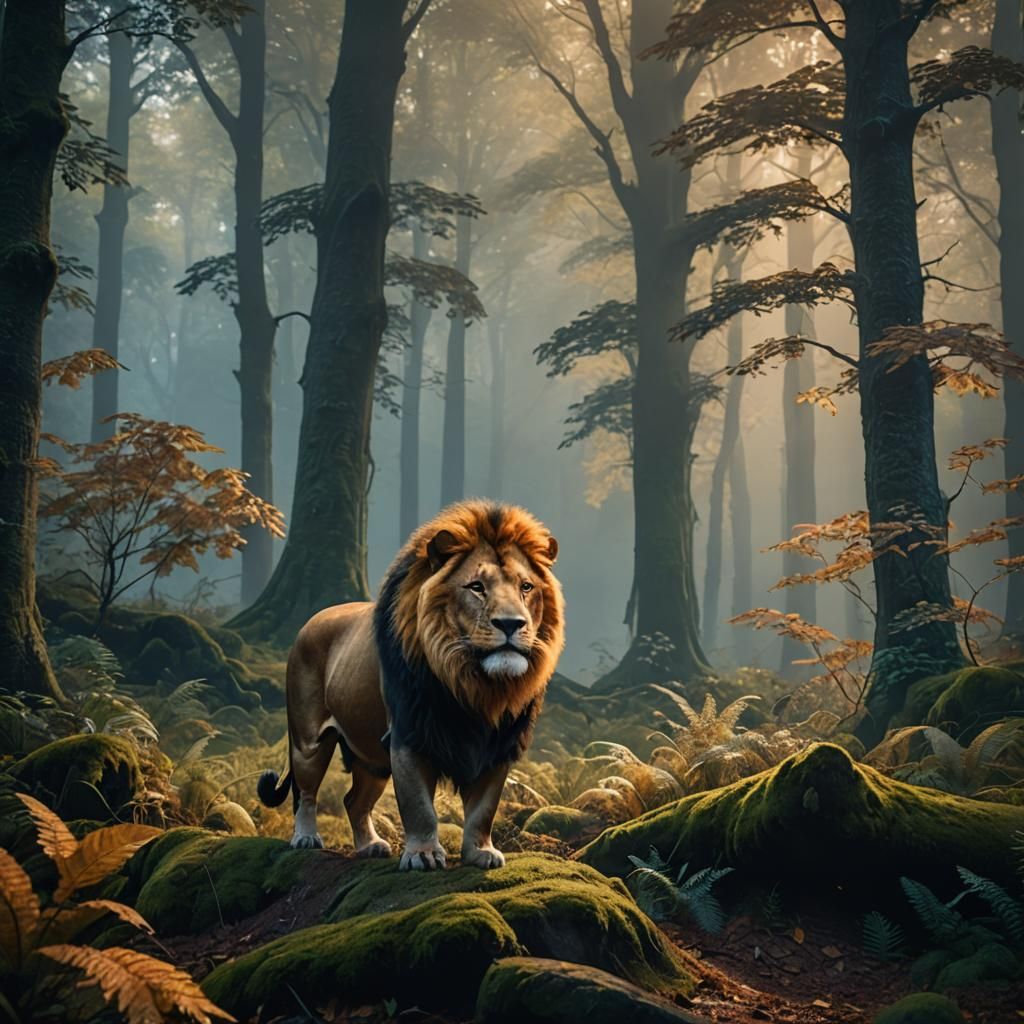 Lion-Pig Hybrid in Misty Forest: Fantasy Concept Art