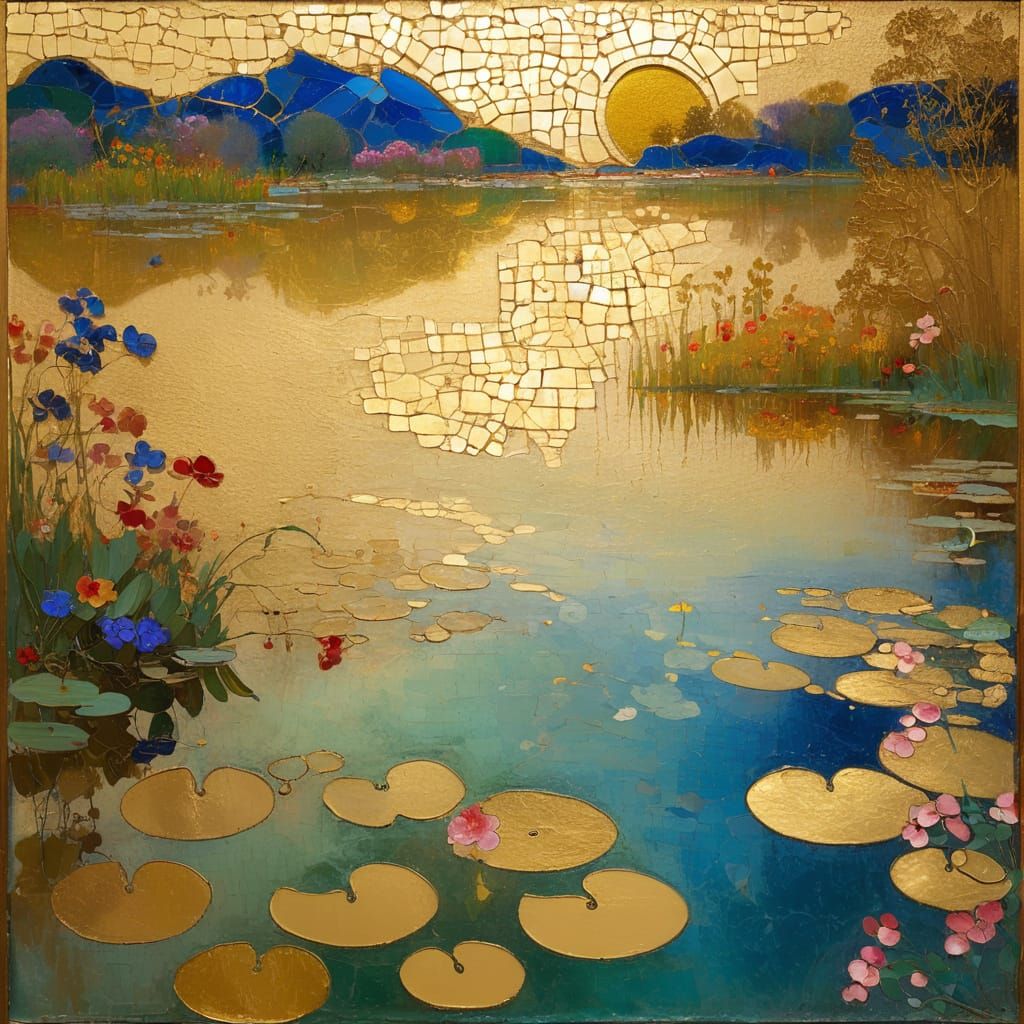 Golden Pond Painting with Mosaic and Encaustic Elements