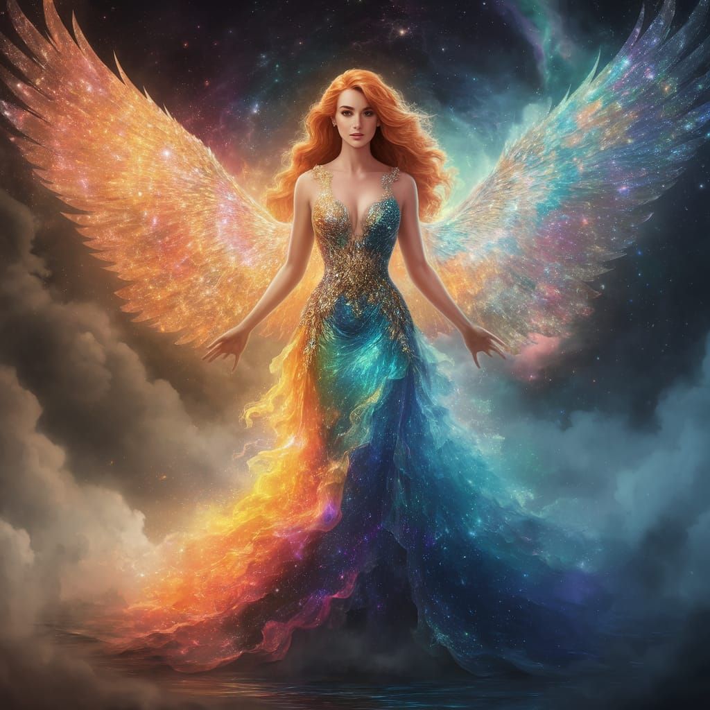 Celestial Goddess with Radiant Ginger-Red Hair and Shimmerin...