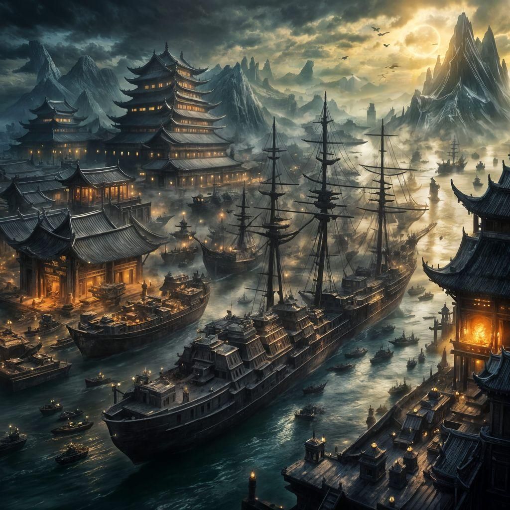 Dark Fantasy Chinese Port City with Battleships