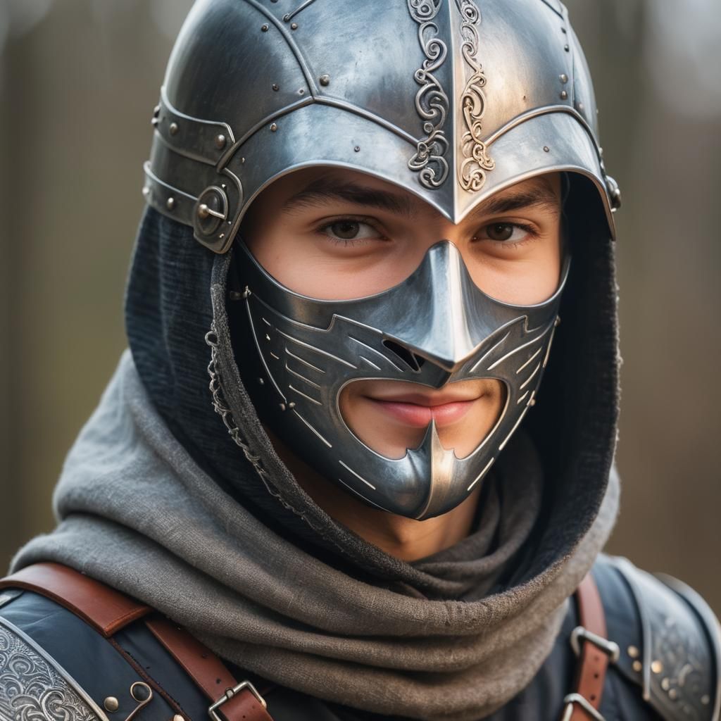 Cheerful Knight in Mask and Hood Close-Up
