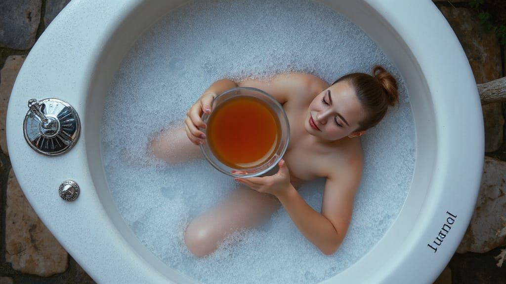 Serene Bubble Bath Bliss: Tea and Reflections in Gray Tones
