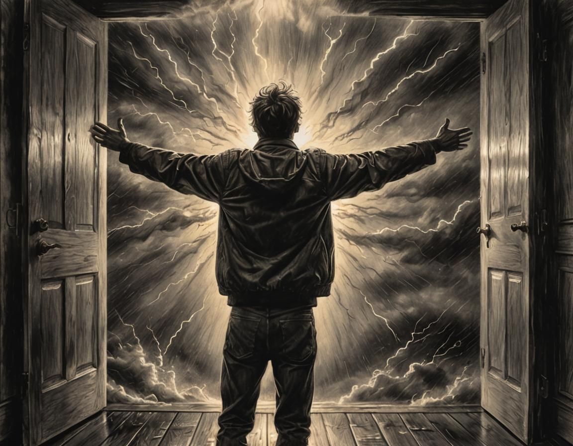 Charcoal Drawing of Person Welcoming Exploding Sun Storm