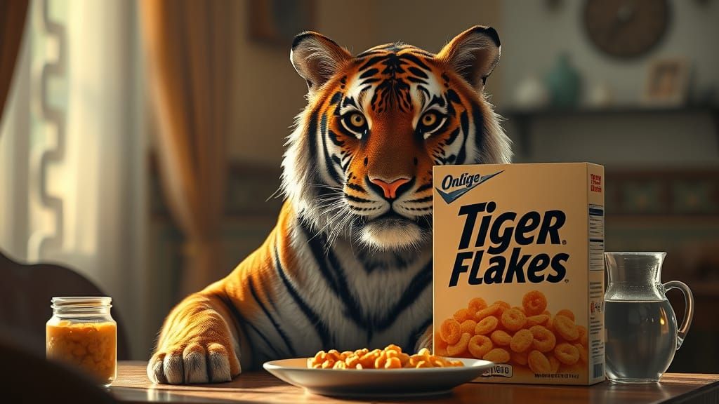 Photorealistic Tiger at Breakfast Table with Tiger Flakes Ce...