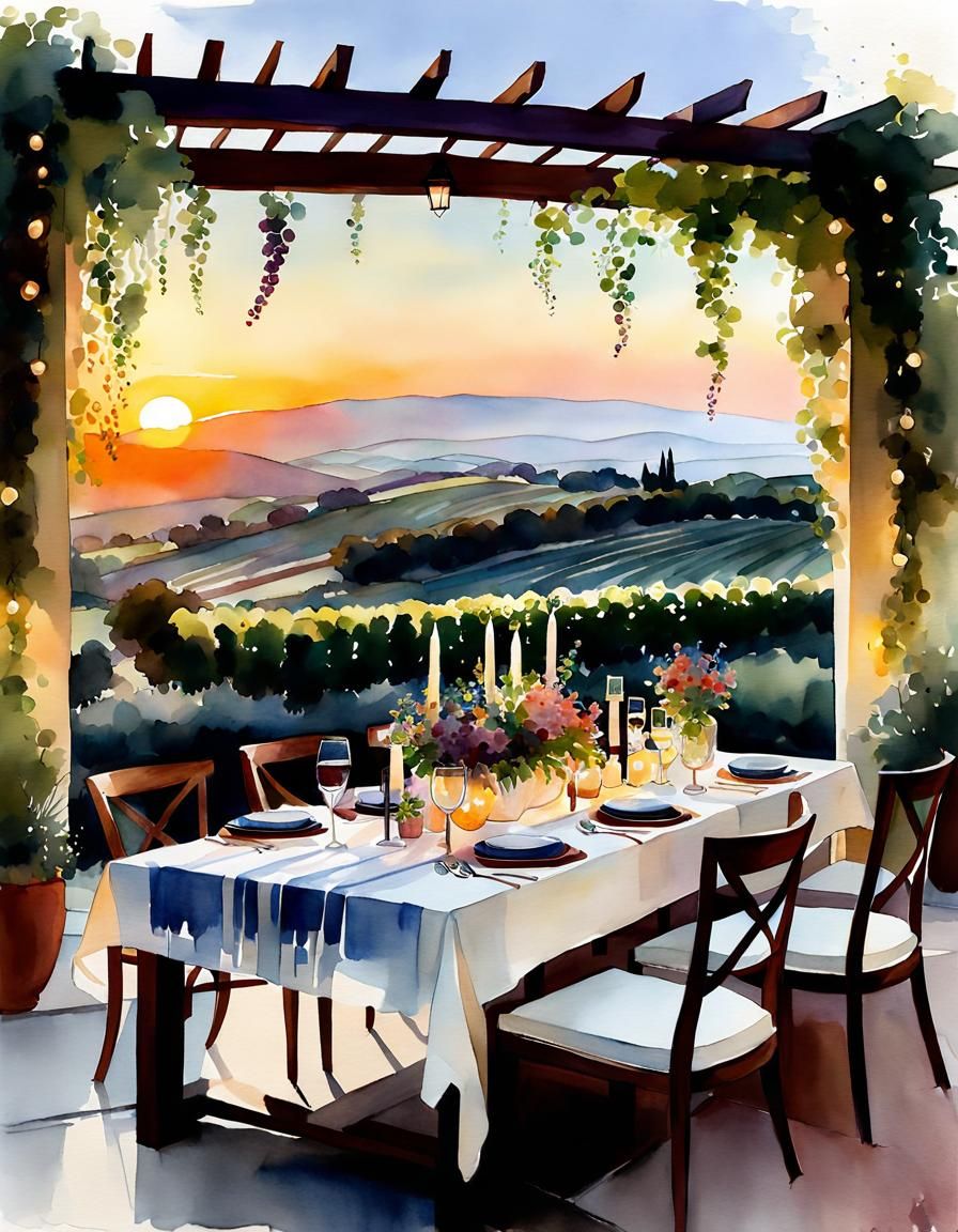 Villa Vineyard Sunset in Watercolor Style