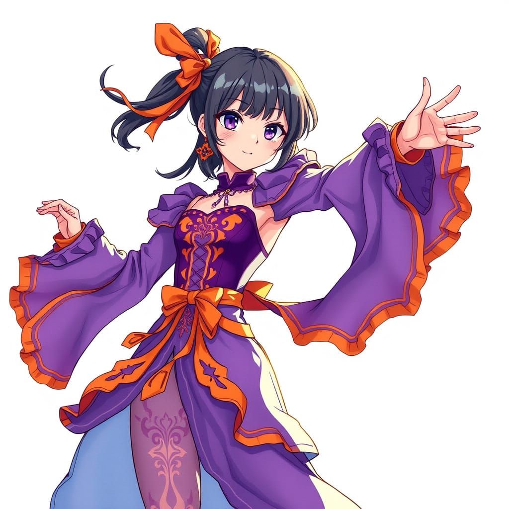 Anime Heroine in Vibrant Purple and Orange Attire
