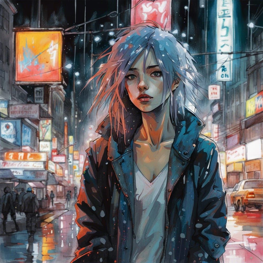 Anime Girl in Rainy Neon City, Watercolor Style