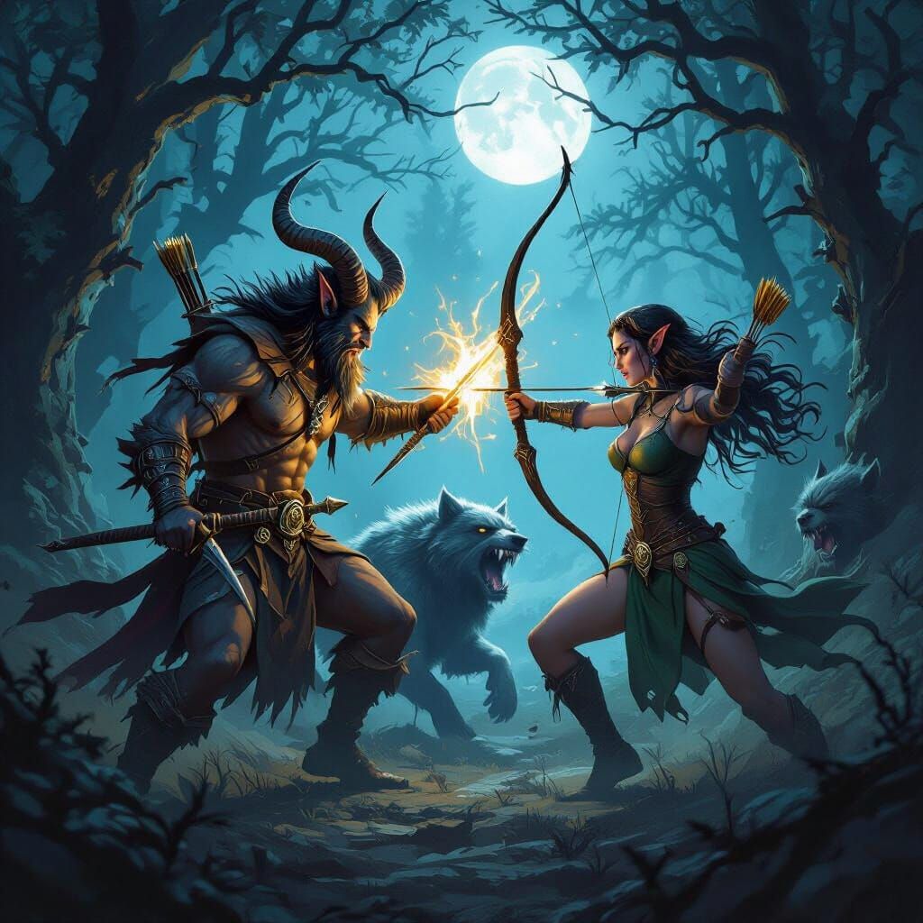 Satyr and Elf Battle Werewolves in Dark Forest