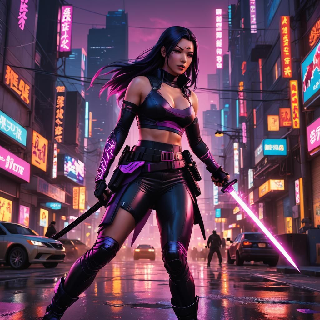 Psylocke in Cyberpunk Cityscape with Ray Tracing