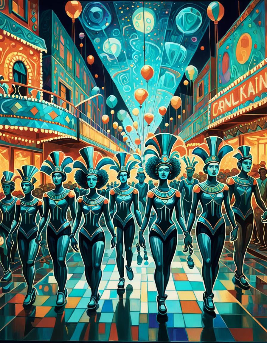 Colorful Carnival Parade as Glass Etching in Cubist Style