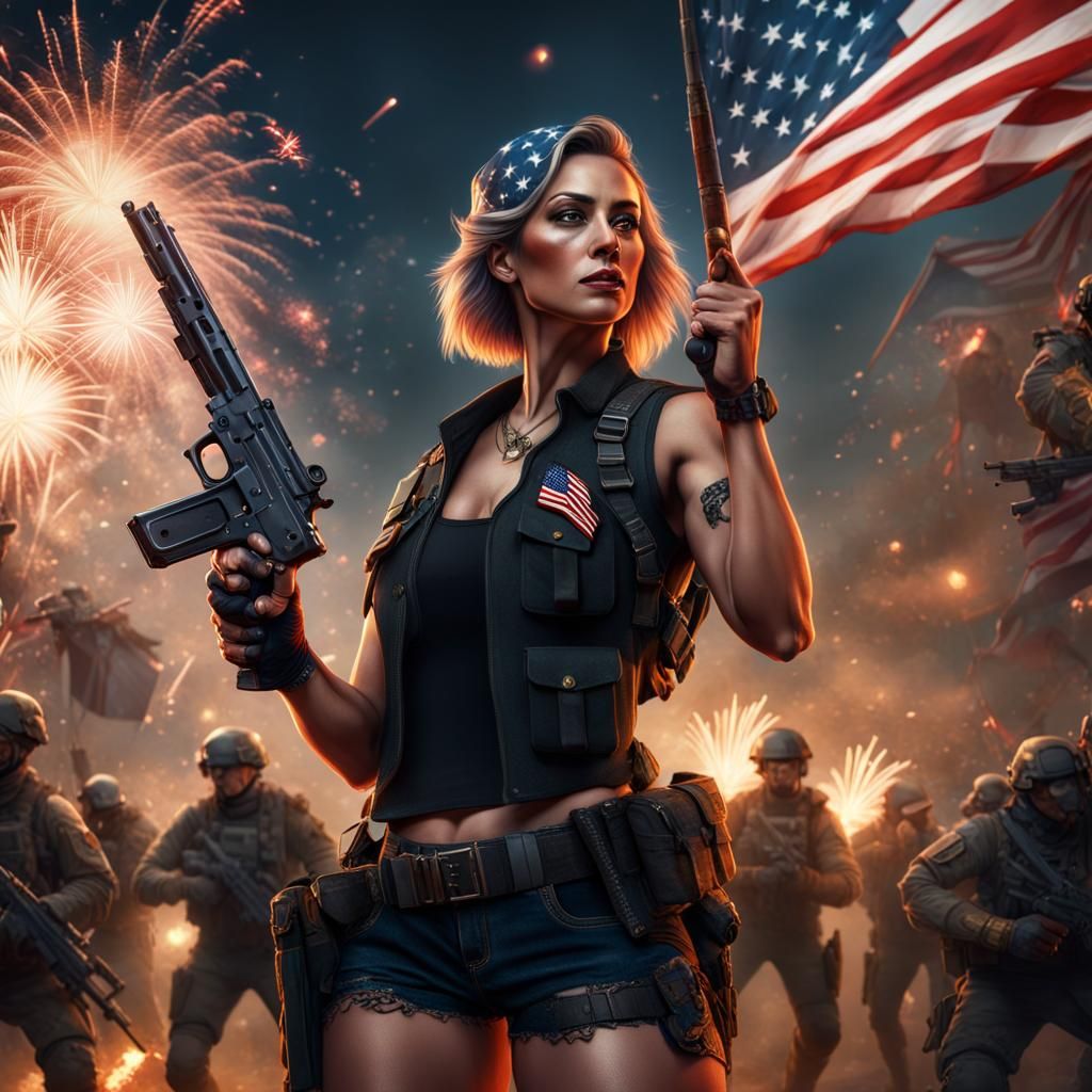 Military Woman with Flag and Gun in Detailed Painting