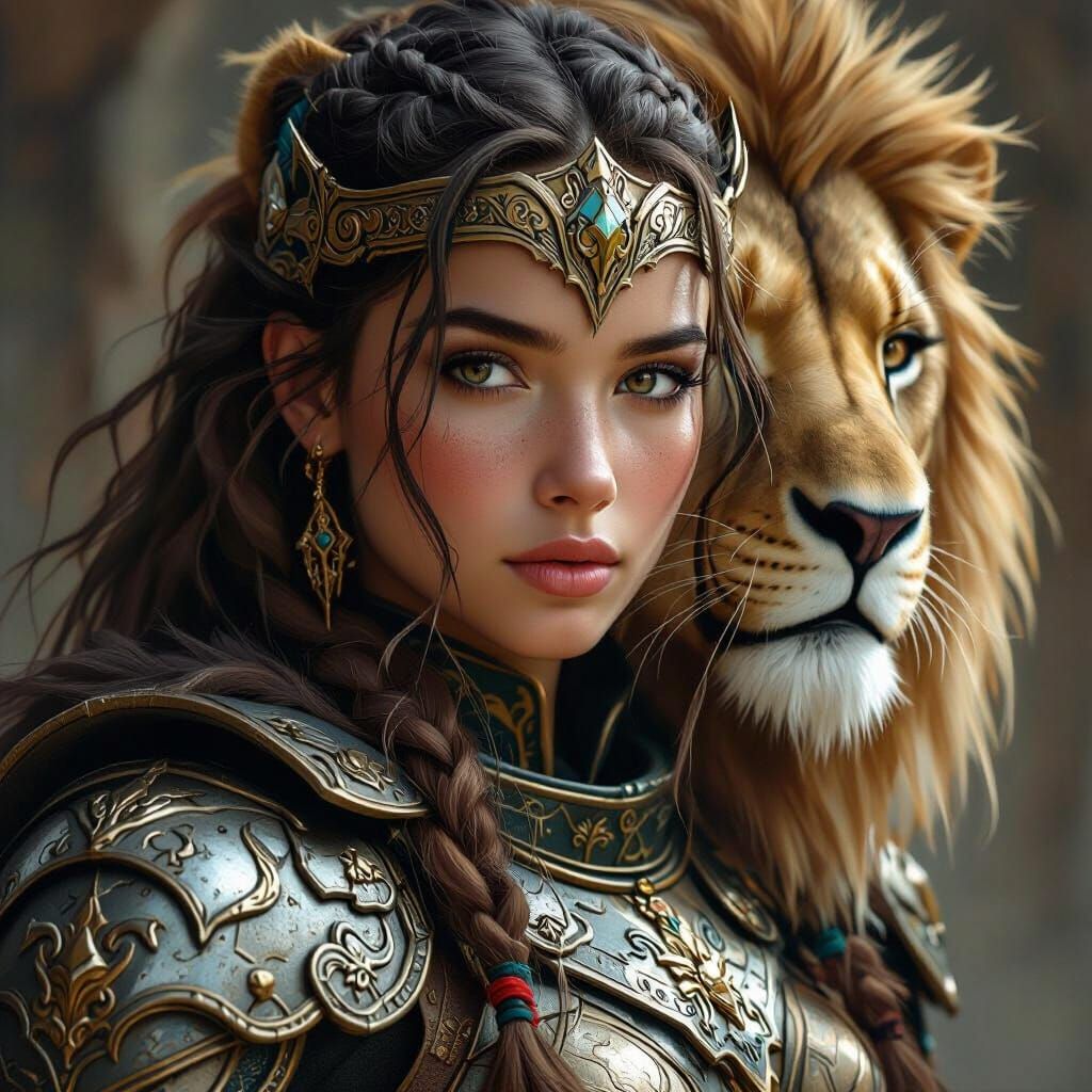 Hyperrealistic Lion-Human Warrior Portrait in Detailed Armor