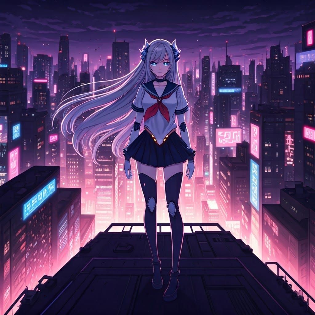 Cyberpunk Magical Girl in Neon City Skyscraper