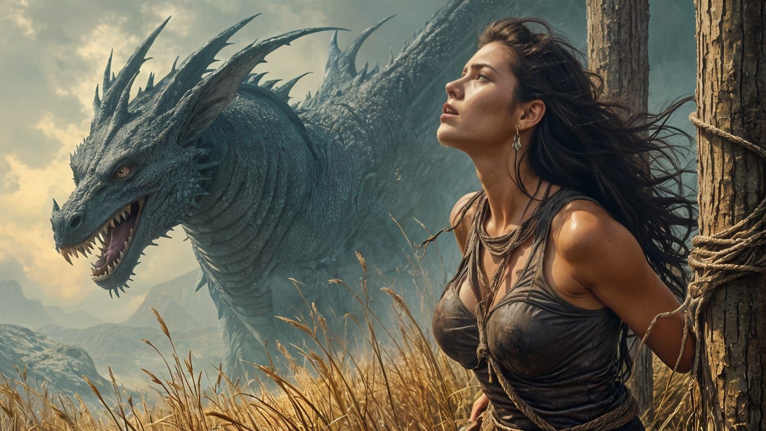 Frightened Woman Bound as Dragon Bait in a Dark Fantasy Scen...