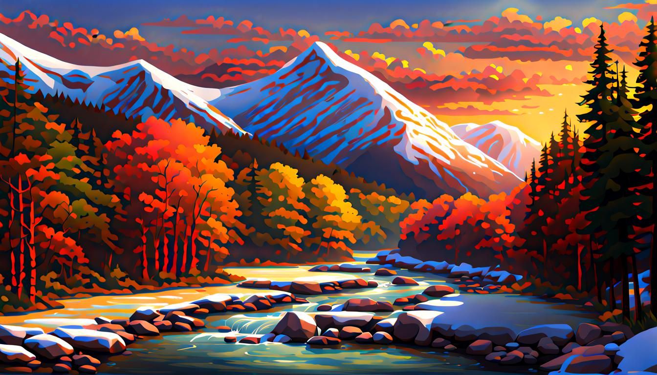 Mountain Sunset With River Rapids and Bridge