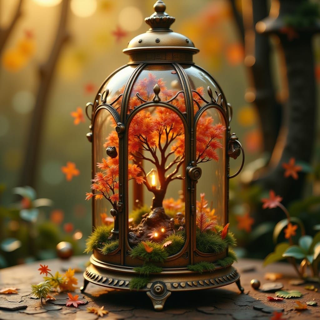 Autumn Forest Inside Antique Lantern with Steampunk Accents