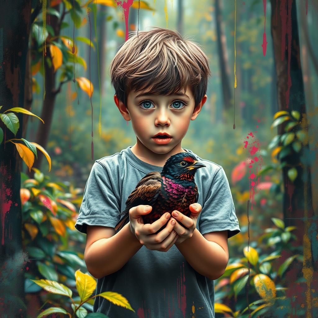 Boy with Bird in Forest, Hyperrealistic Street Art