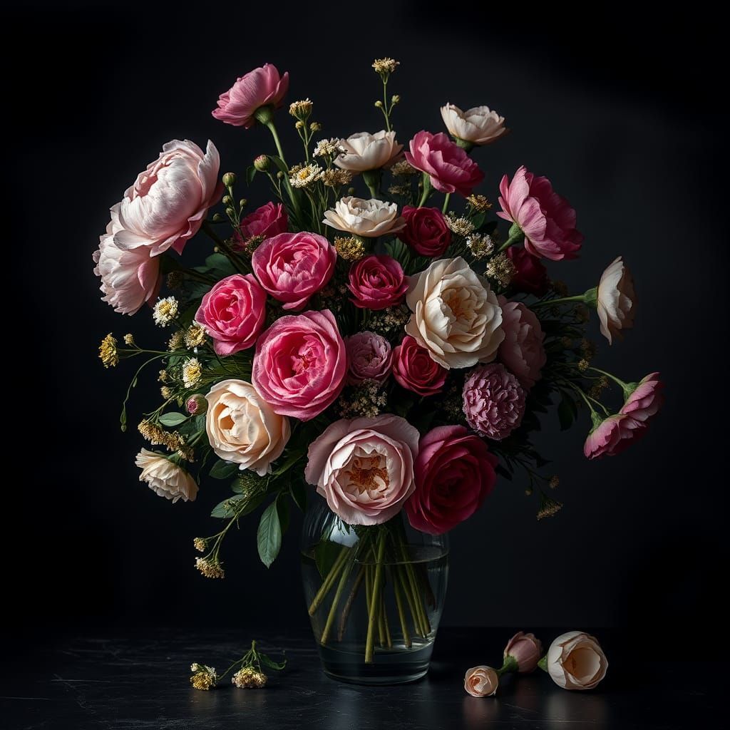 Vintage Floral Still Life in Dark Romantic Style