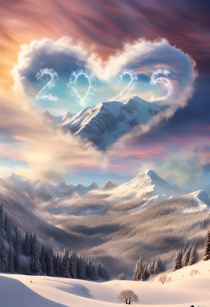 Heart Cloud Over Snowy Peaks, Fantasy Concept Art