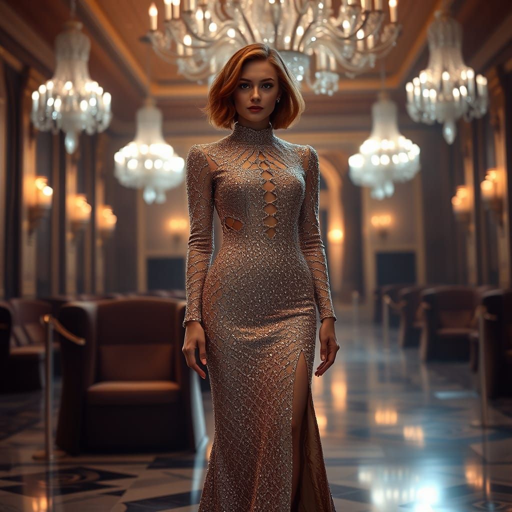 Crystal Gown in Grand Ballroom, Hyperrealistic Image