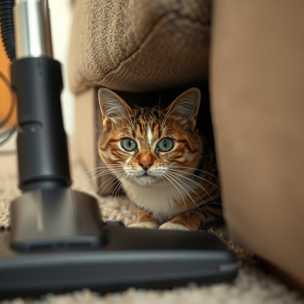 Scared Cat Hides from Vacuum Cleaner Under Couch