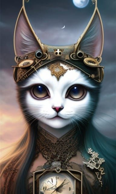 Steampunk Anime Girl with Cat in Gothic Style