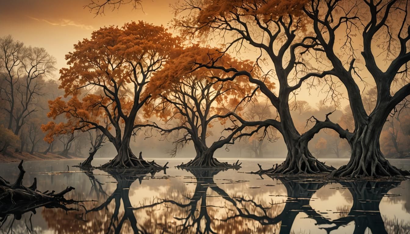 Surreal Sycamore Trees at Dusk in a Dreamscape