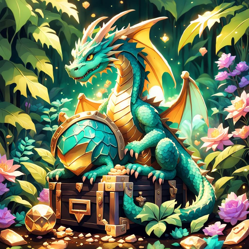 Cute Dragon on Treasure Pile, 3D Anime Art