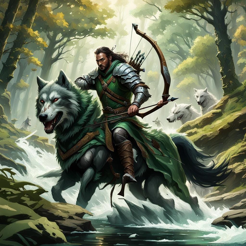Green Armored Ranger and Dire Wolf in Forest