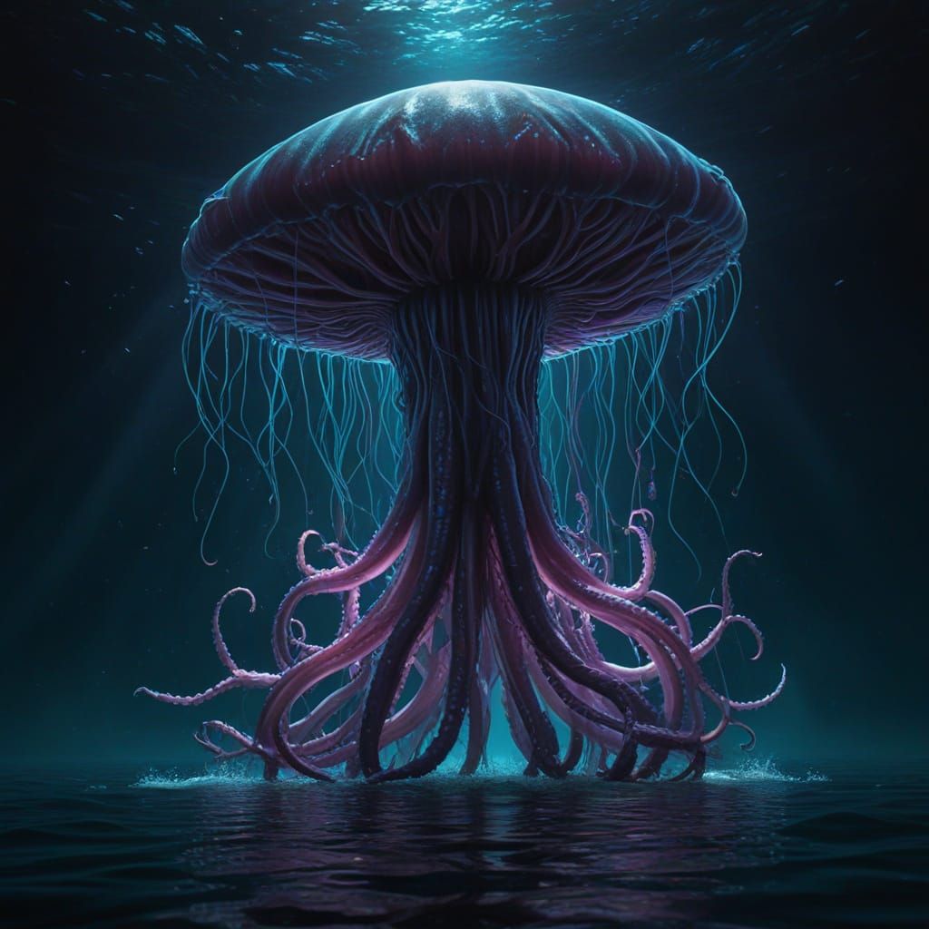 Colossal Squid in Deep Ocean, Fantasy Art