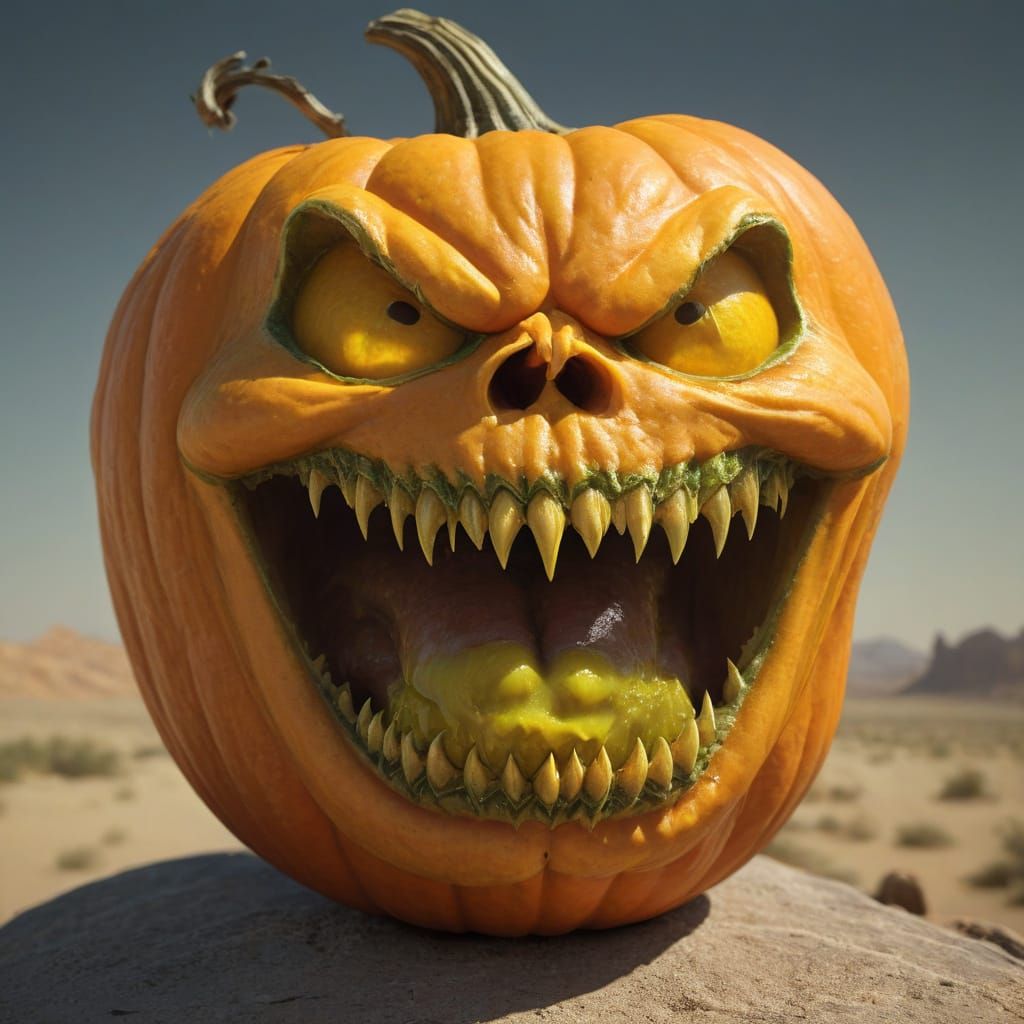 Grotesque Evil Pumpkin with Skeletal Fangs in Desert