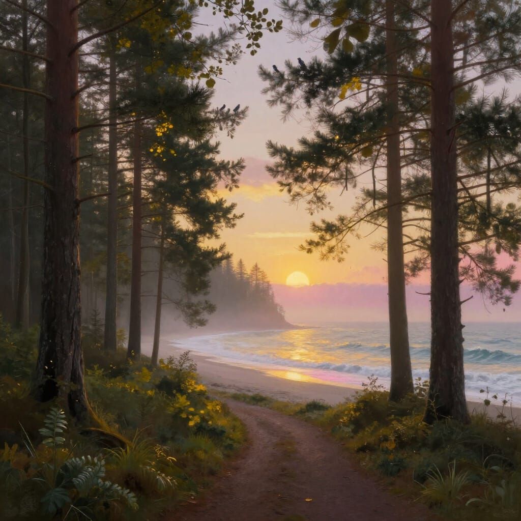 Misty Forest Path to Glowing Beach at Sunrise
