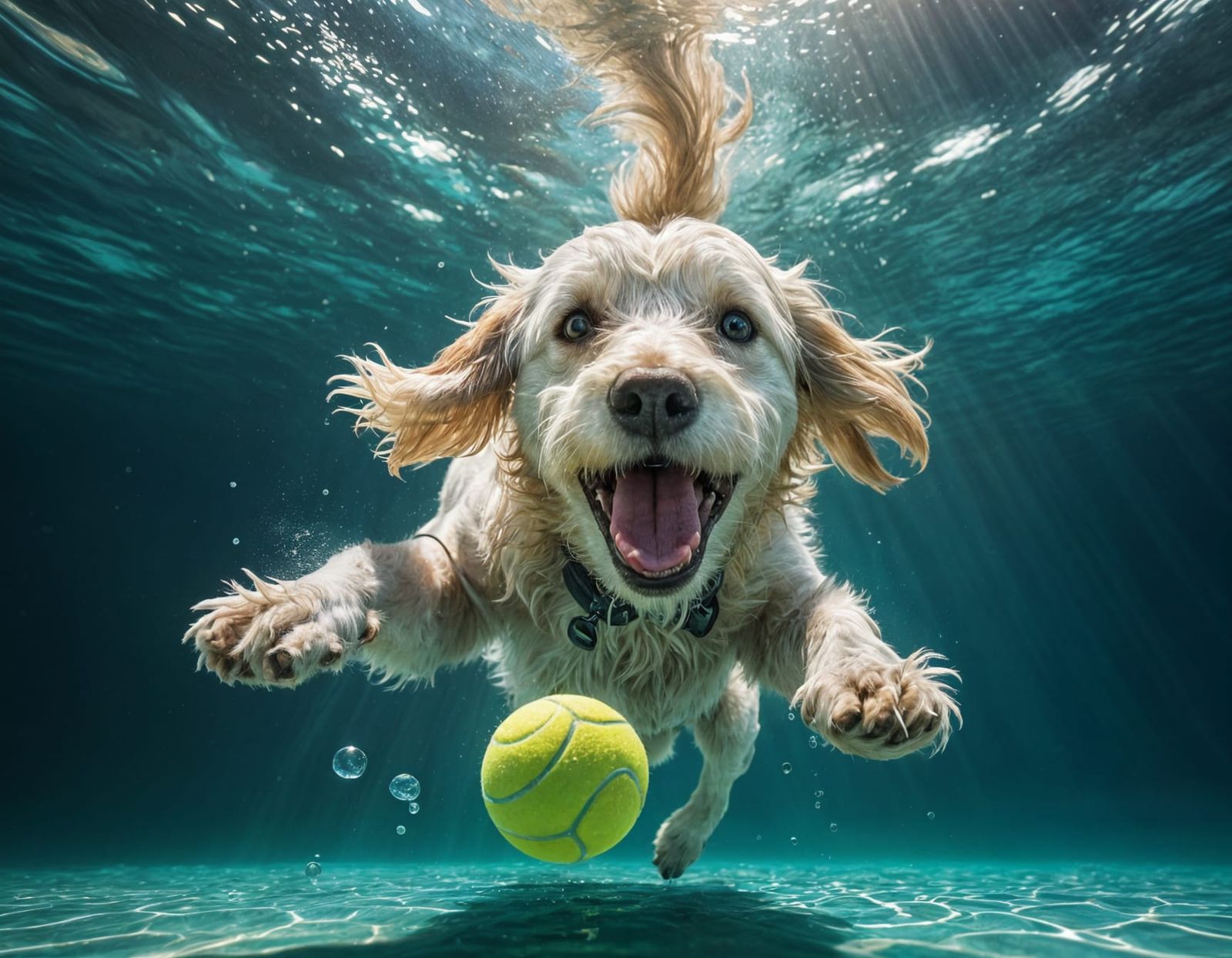 Joyful Groodle Chases Tennis Ball Underwater in a Vibrant, P...