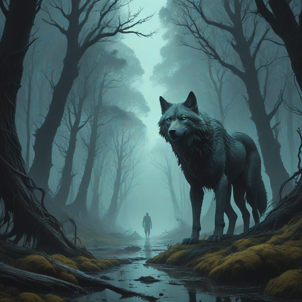 Ethereal Wolf's Face Under Ominous Moonlit Glow