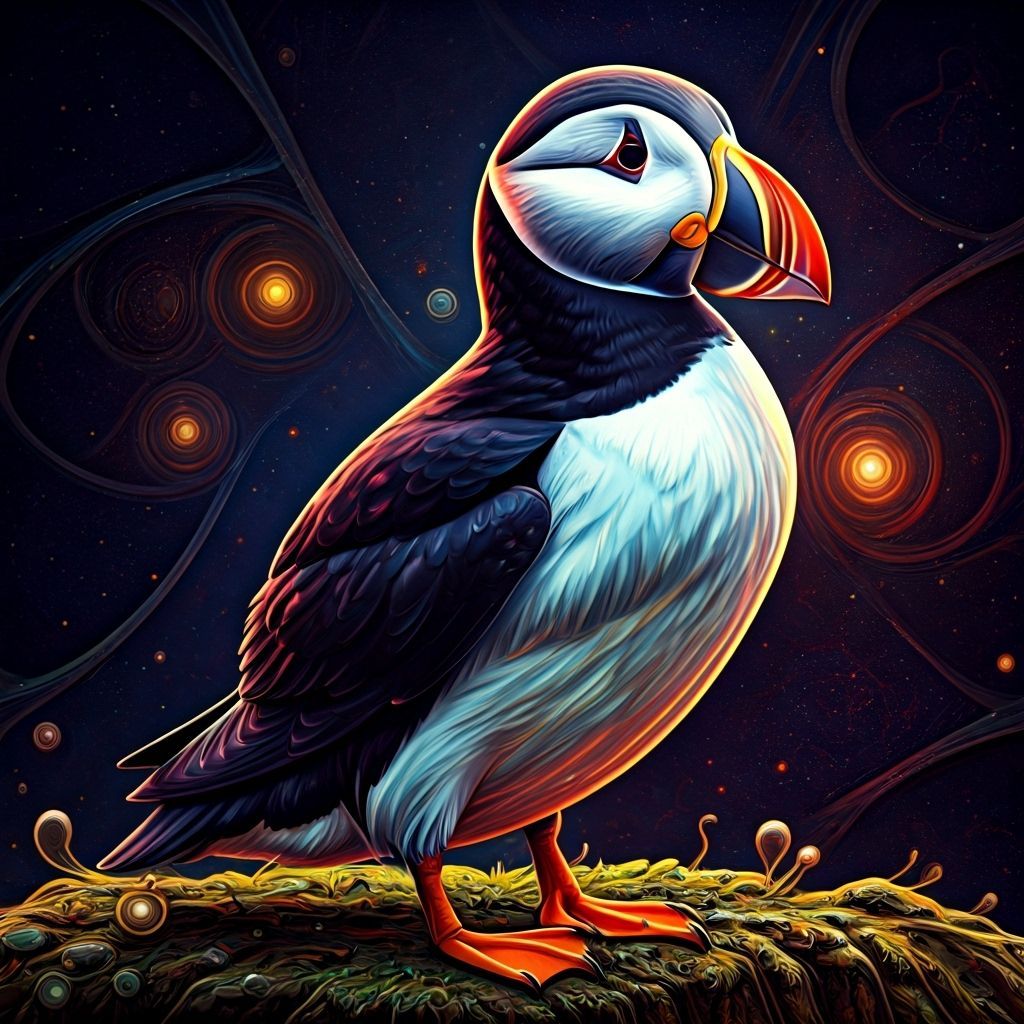 Vivid Holographic Puffin Birds in Astral Cosmic Art