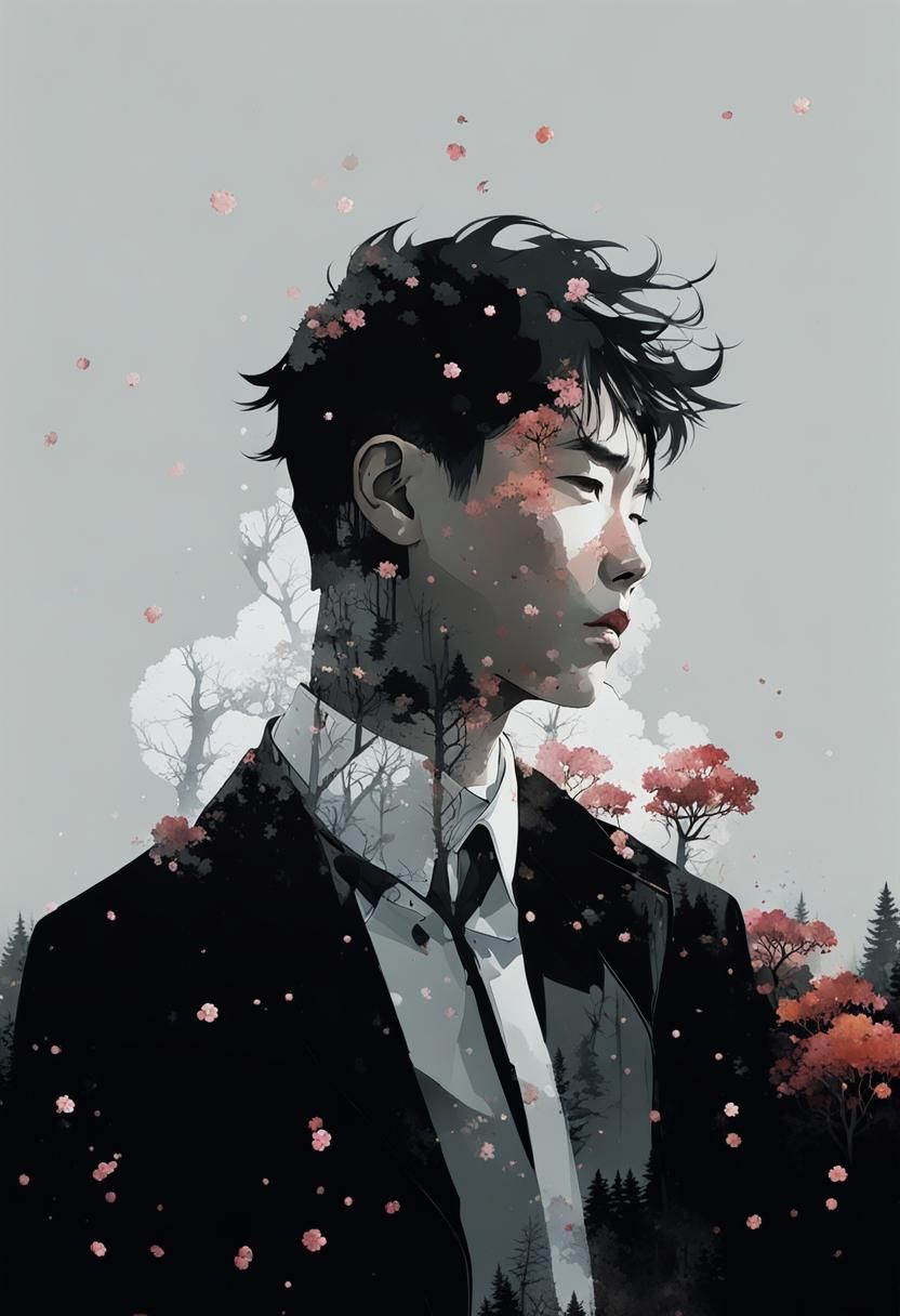 Double Exposure Portrait: Cherry Blossoms and Autumn Forest