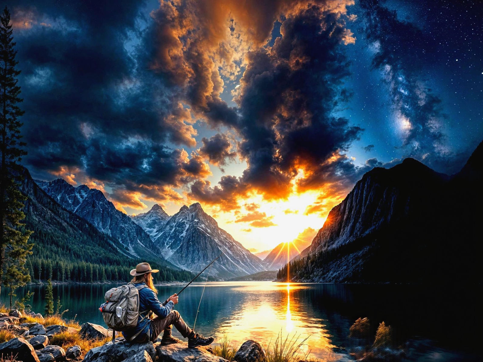 Fantasy Fisherman with Whimsical Fish in Twilight