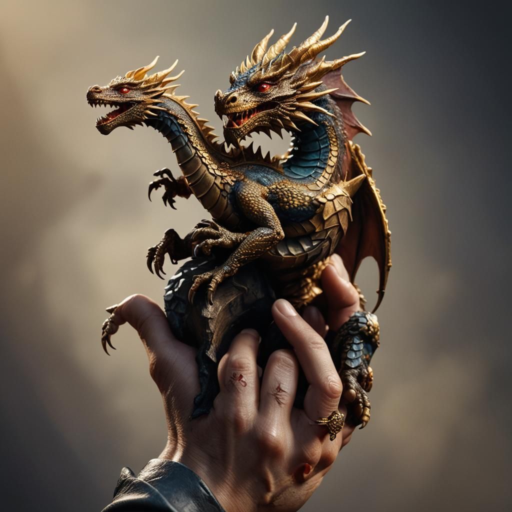 Hyperrealistic Miniature Dragon on Human Hand