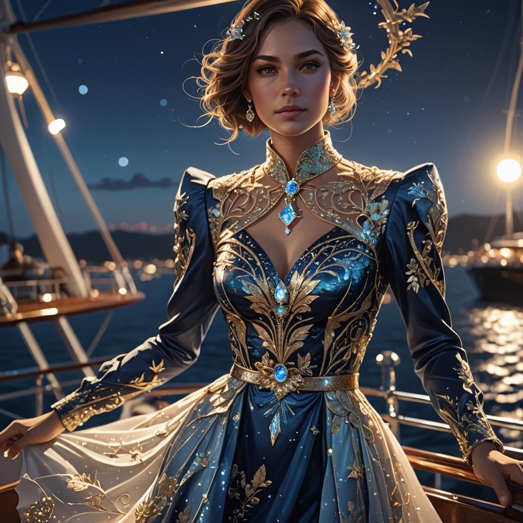 Bioluminescent Woman on Yacht Deck: Fantasy Art