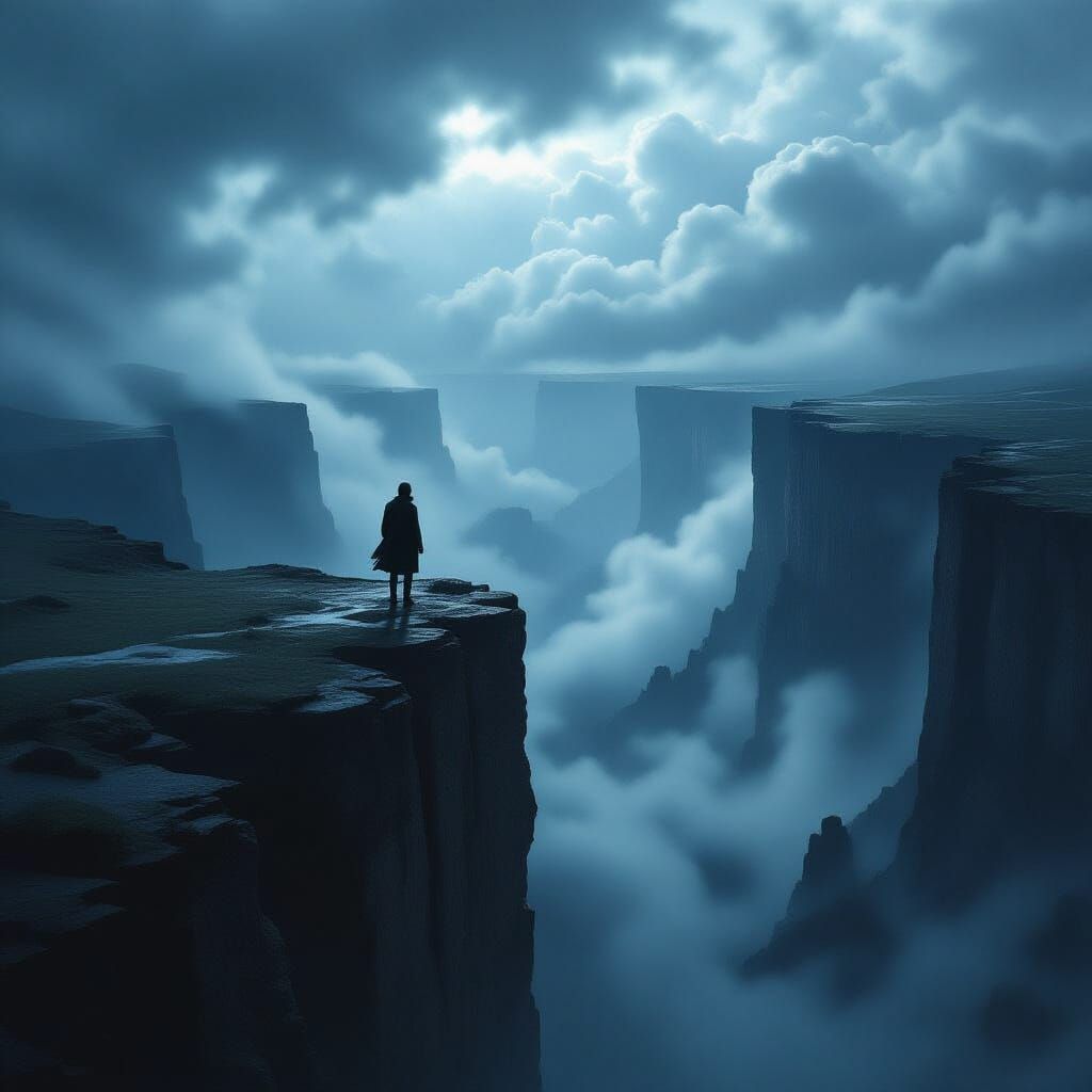 Figure Gazing into Abyss, Romantic Landscape Art