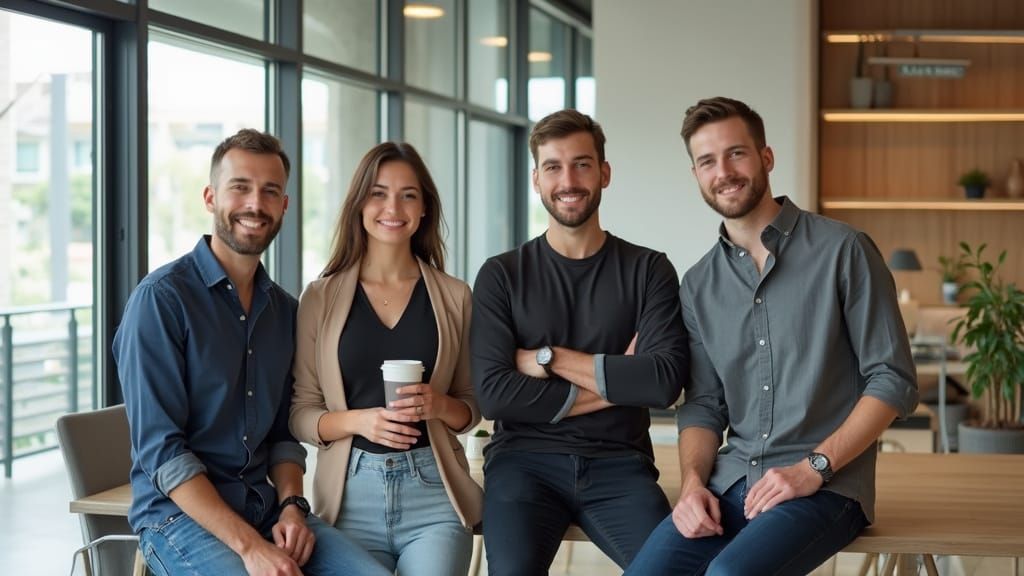 Modern Office Scene with Four Young Professionals