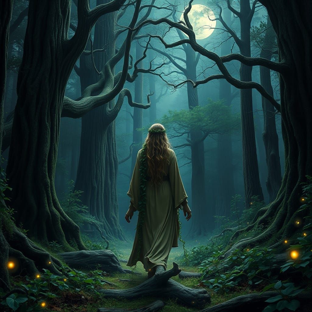 Earth-Toned Druid Surrounded by Ancient, Towering Trees