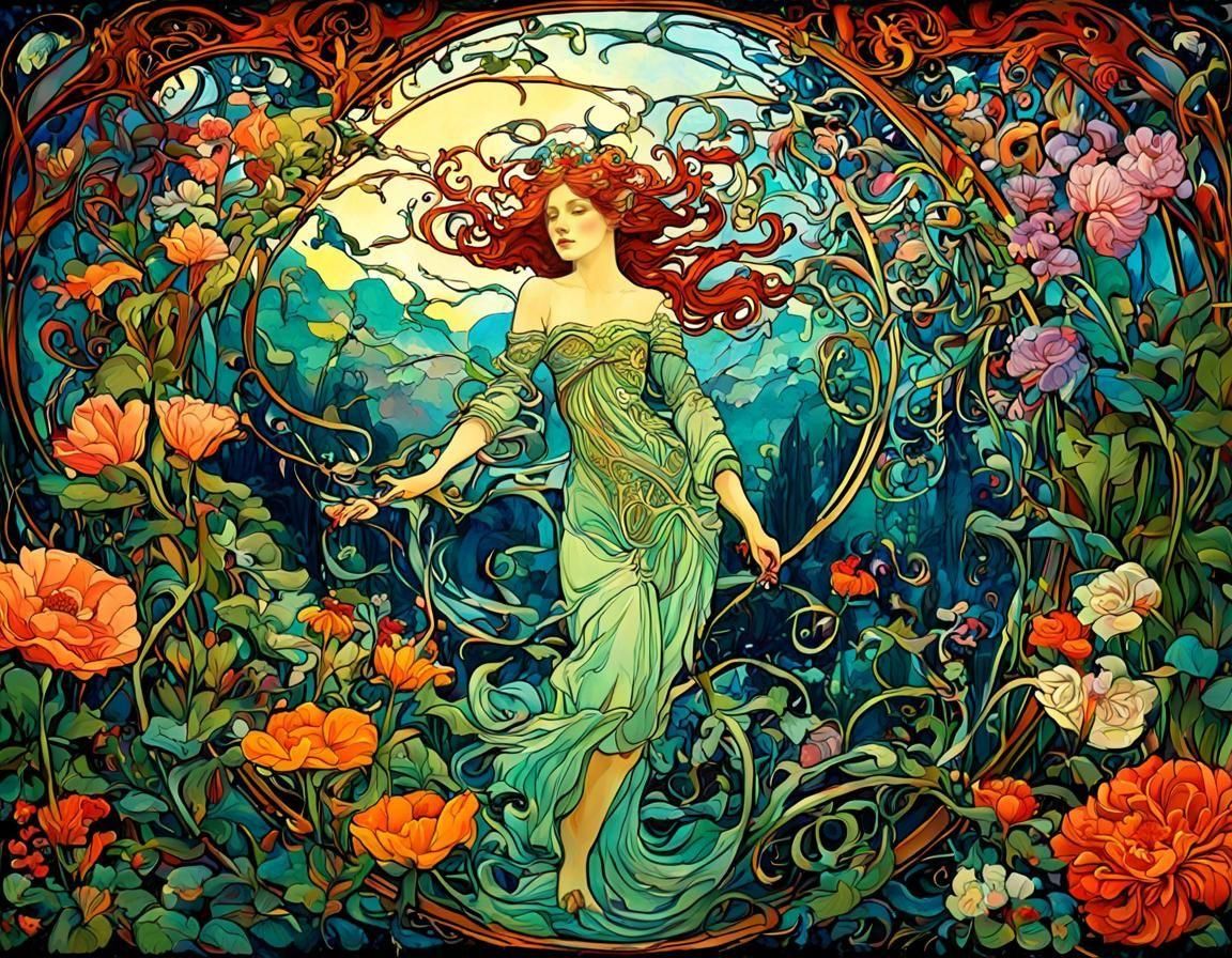 Mystical Garden in Art Nouveau Style with Flowers