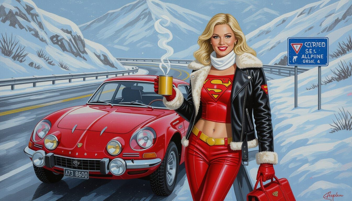 Supergirl in Leather Jacket Poses by Vintage Rally Car