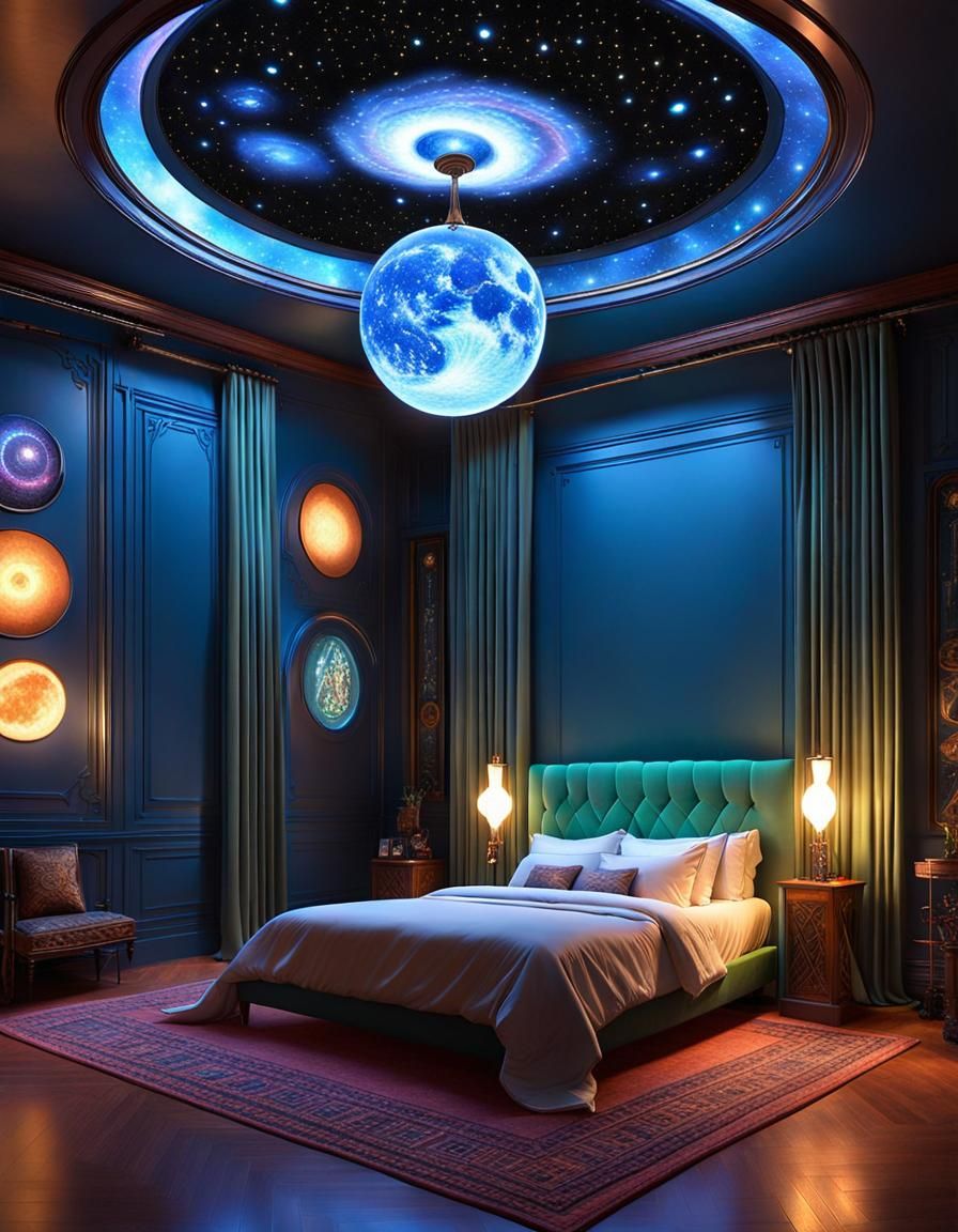 Aetherpunk Bedroom with Cosmic Glow Lamp